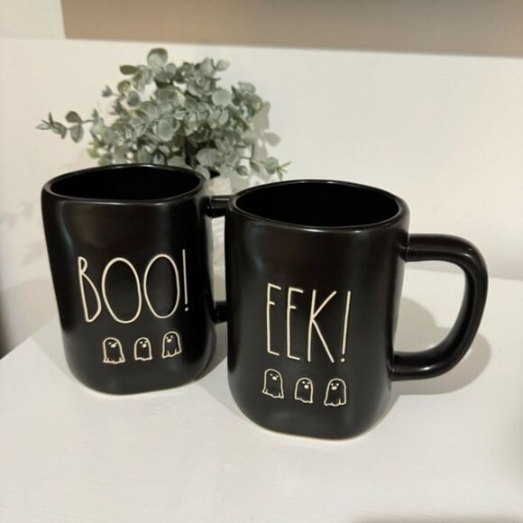 Rae Dunn Halloween "Boo! · Eek!” Black Mug Set • 16 oz Each • EUC - Picture 1 of 3